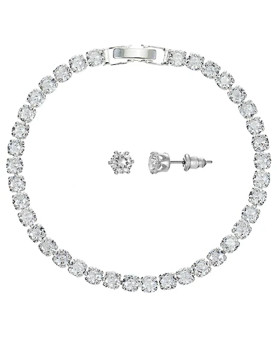Giani Bernini Silver-Tone Cubic Zirconia Tennis Bracelet and Stud Earrings Set
