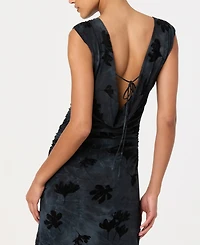 Astr the Label Women's Velvet Floral Mesh Boat Neck Midi Dress