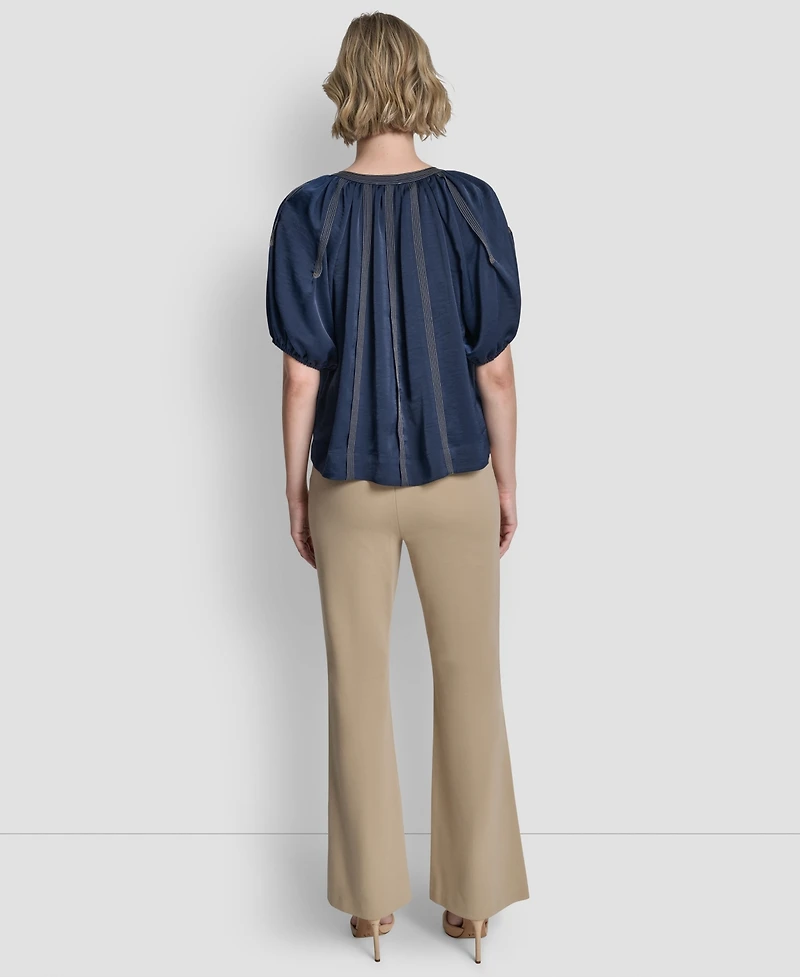 Dkny Women's Puff-Sleeve Top Stitch Tie Front Blouse