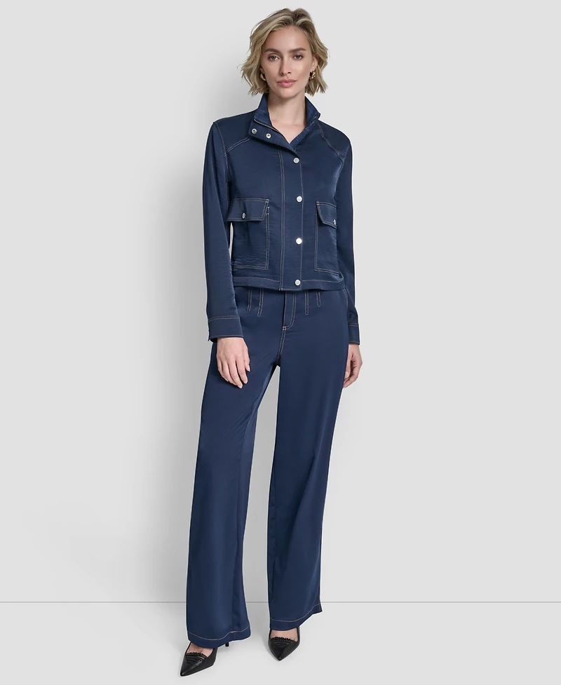 Dkny Women's Top Stitch Glazed High Mock Neck Dressing Jacket