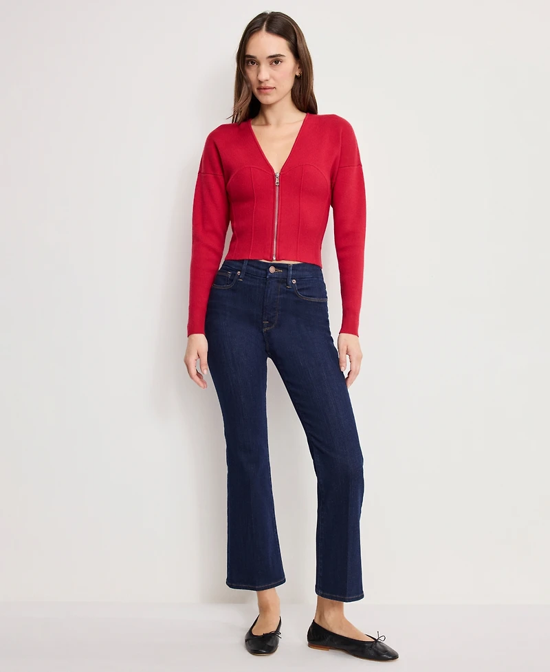 Good American Women's V-Neck Front Zipper Sweater