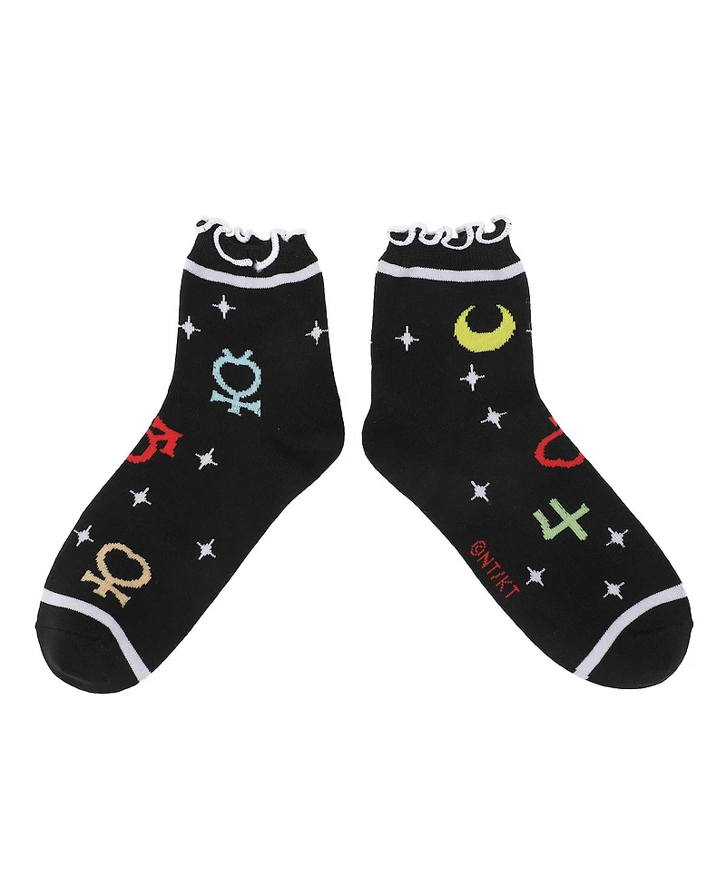 Sailor Moon Women's Cosmic Symbols & Cats 3-Pair Lettuce Edge Casual Quarter Crew Socks