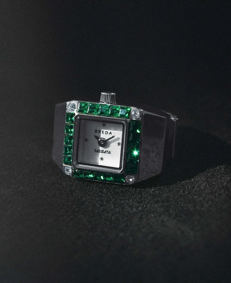 Breda Women's x Dalmata Time Ring Emerald Crystals and Stainless Steel Expandable Ring Watch, 15mm