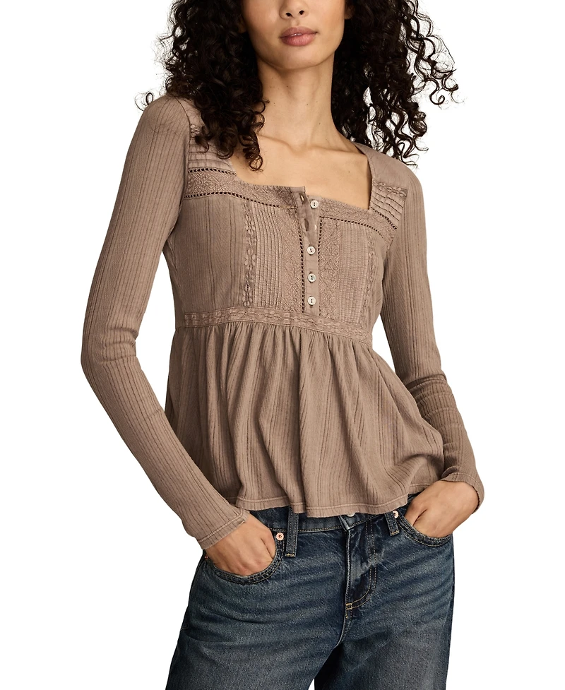 Lucky Brand Women's Embroidered Peplum Long-Sleeve Top
