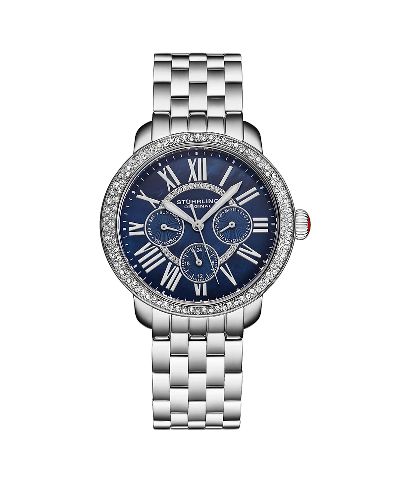 Stuhrling Sonata Women s 38mm Quartz Multifunction Watch – Blue Mother-of-Pearl Dial Crystal Bezel Stainless Steel Bracelet