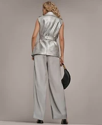 Donna Karan New York Womens Metallic Belted Sleeveless Vest Beaded Top Wide Leg Pants