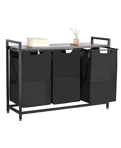 Slickblue Laundry Sorter Cart with 3 Bags, Metal Frame, and Wood Top