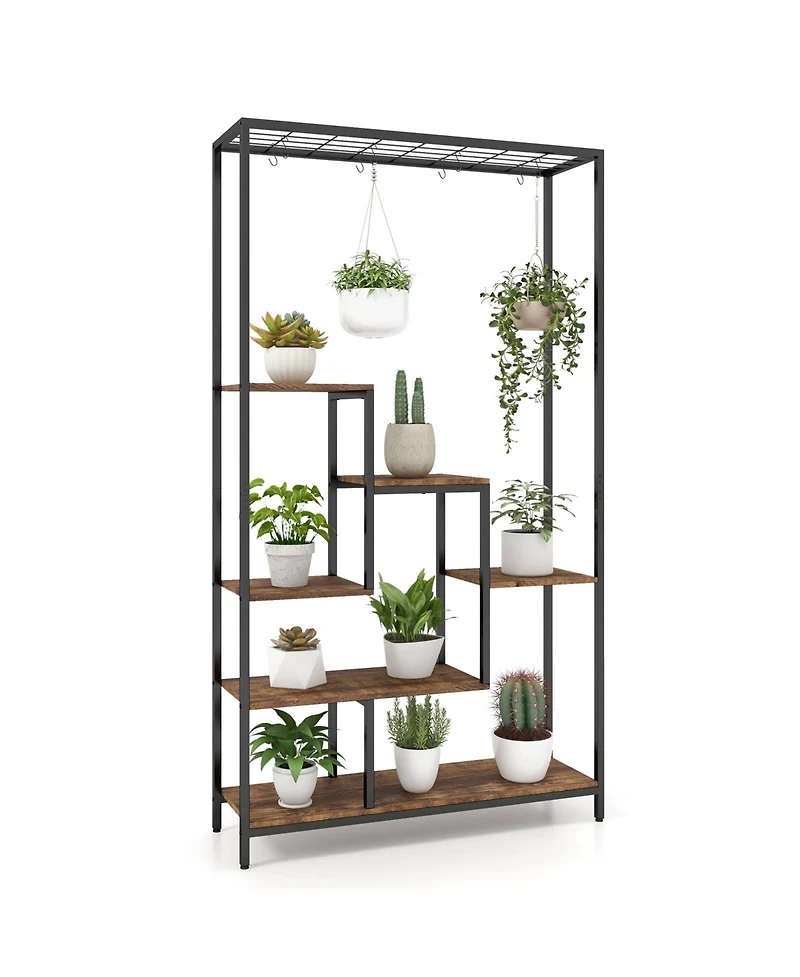 Sugift 6-Tier Tall Plant Stand 71 Inch Metal Indoor Plant Shelf with 10 Hanging Hooks