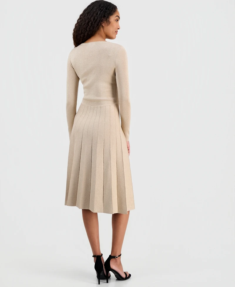 T Tahari Women's Metallic Long-Sleeve Fit & Flare Dress
