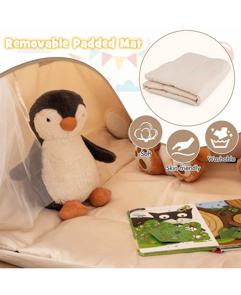 Gymax Kids Play Tent w/Padded Mat Light String Glow-in-the-dark Fabric Colorful Flags