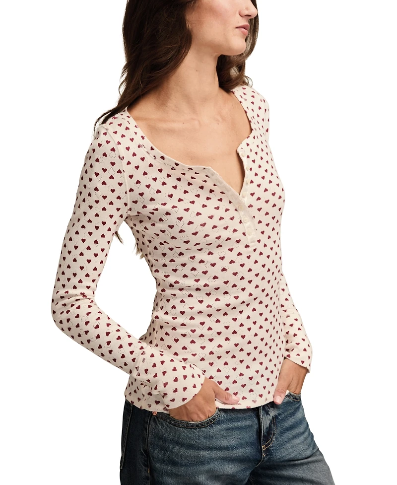 Lucky Brand Women's Valentine Pointelle Trim Rib Henley Top