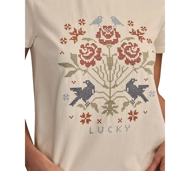 Lucky Brand Women's Cross Stitch Floral Crewneck T-Shirt