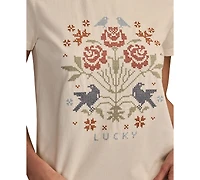 Lucky Brand Women's Cross Stitch Floral Crewneck T-Shirt
