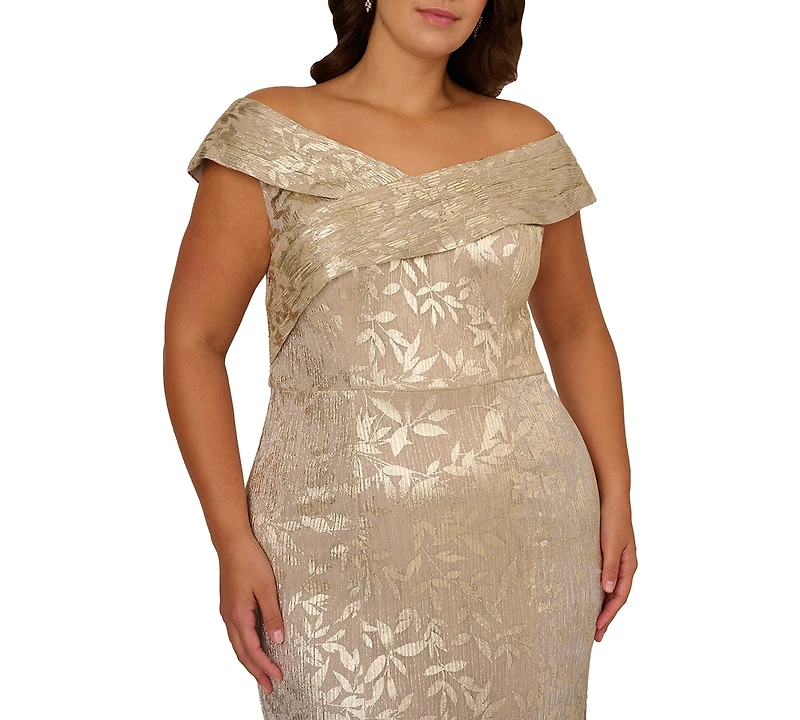 Adrianna Papell Plus Foil Leaf Mermaid Off-The-Shoulder Gown
