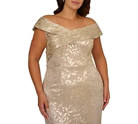 Adrianna Papell Plus Foil Leaf Mermaid Off-The-Shoulder Gown