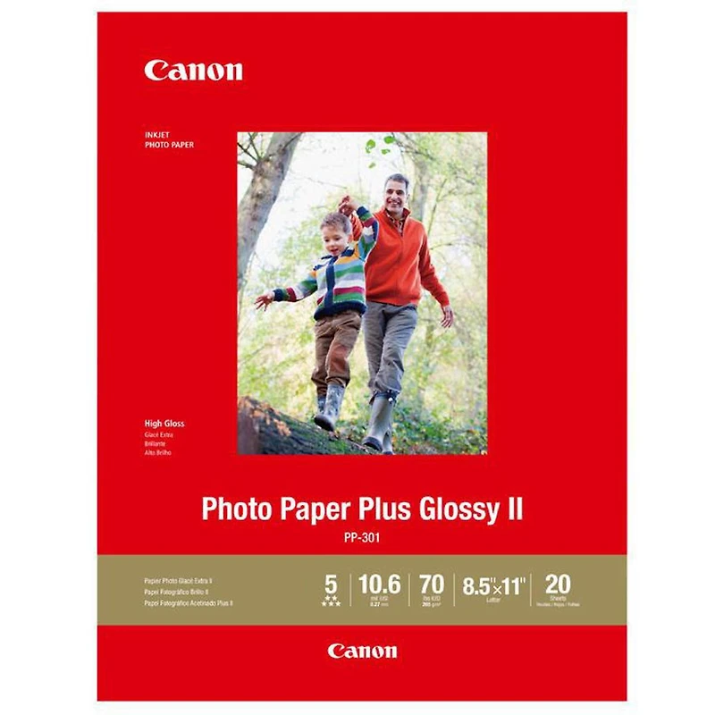 Canon 2 Pack Pp-301 Photo Paper Plus Glossy Ii Inkjet Paper, 10.6 mil, 265 gsm, 8.5x11", 20 Sheet Pack