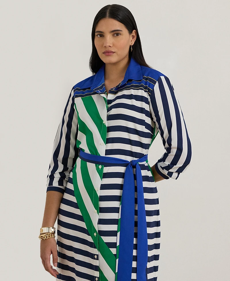 Lauren Ralph Plus Striped Point Collar Shirtdress