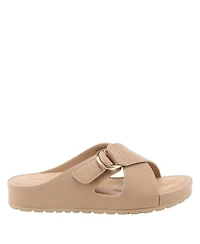 Patrizia Women s Rutha Criss-Cross Strap Slide Sandals with Gold Buckle and Padded Insole