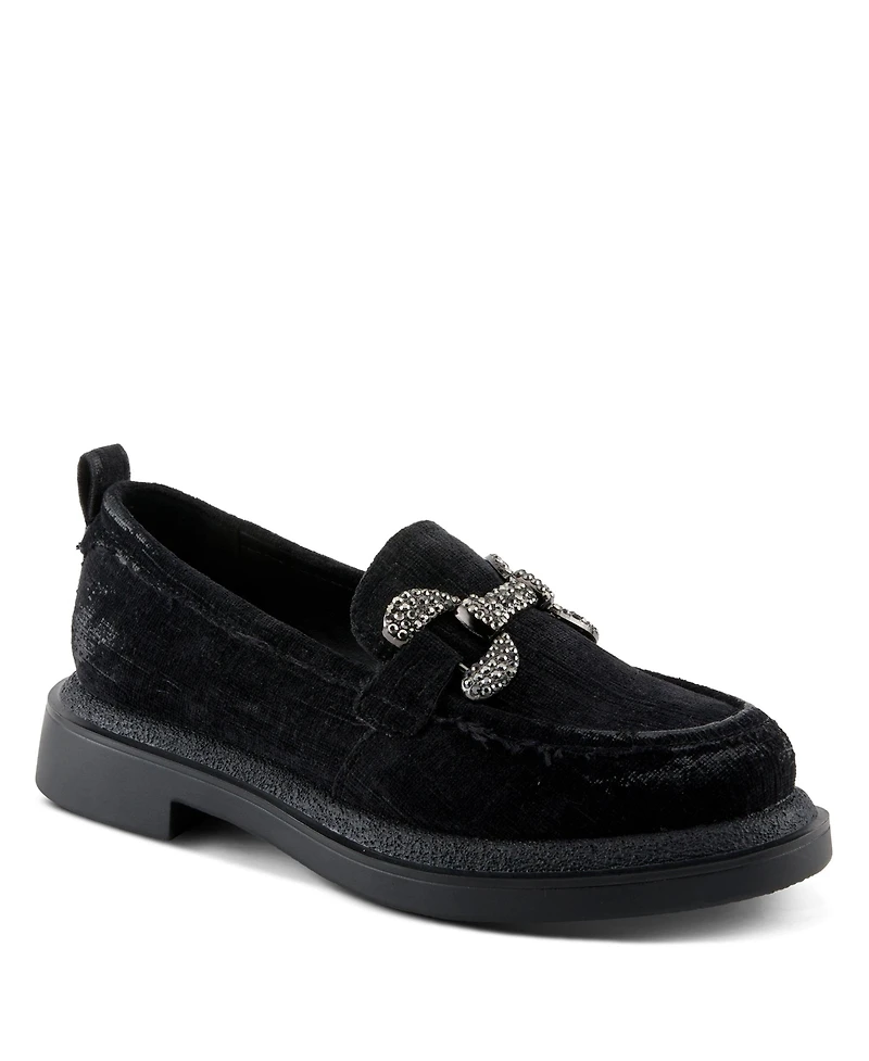 Patrizia Marlen Women's Velvet Textile Upper Slip-On Loafer On Chunky Lug Sole Bottom With Crystal Buckle