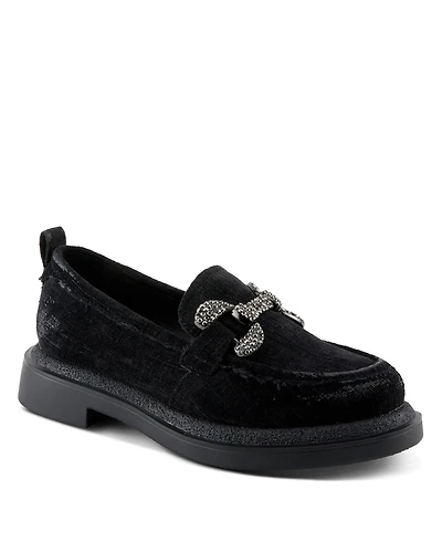 Patrizia Marlen Women's Velvet Textile Upper Slip-On Loafer On Chunky Lug Sole Bottom With Crystal Buckle