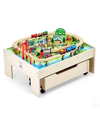 Mecale 3-in-1 Wooden Train Activity Table with 100 Pcs and Rolling Drawer