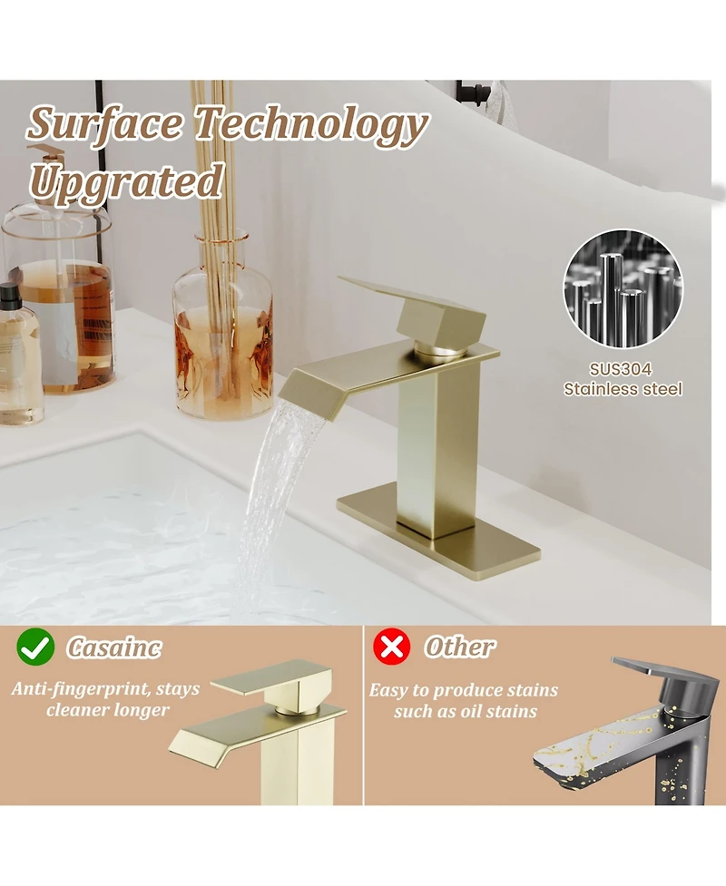 Single-Handle Waterfall Bathroom Faucet, Lead-Free 304 Stainless Steel Sink Faucet with Cold/Hot Water Function