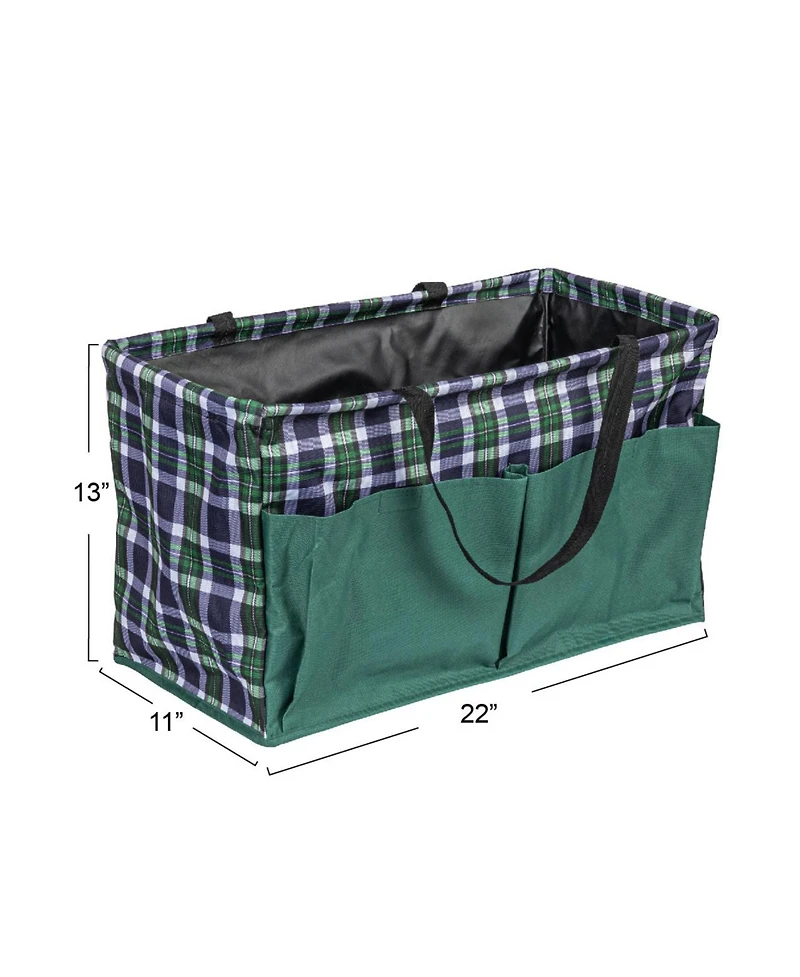 Household Essentials Plaid Krush Container All-Purpose Utility Tote with Green Pockets