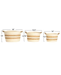 Household Essentials Handwoven Corded Paper and Cattail Striped Baskets with Handles, Natural, Set of 3