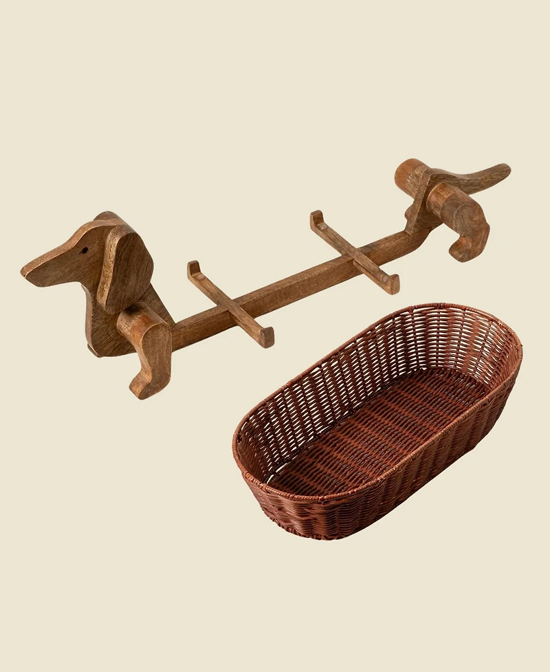 Uncommon Goods Dachshund Mango Wood & Rattan Storage Basket