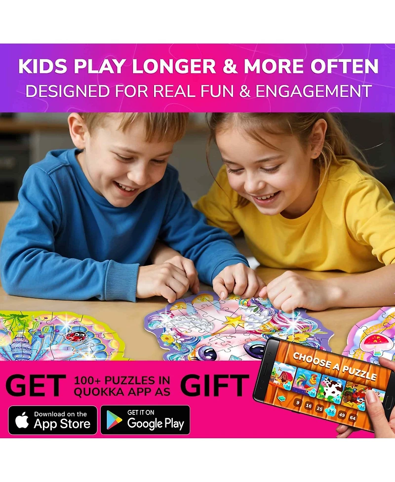 Quokka Shimmer Puzzles for Kids – 4-Pack Dragon, Rocket, Firetruck & Dinosaur Children's Game