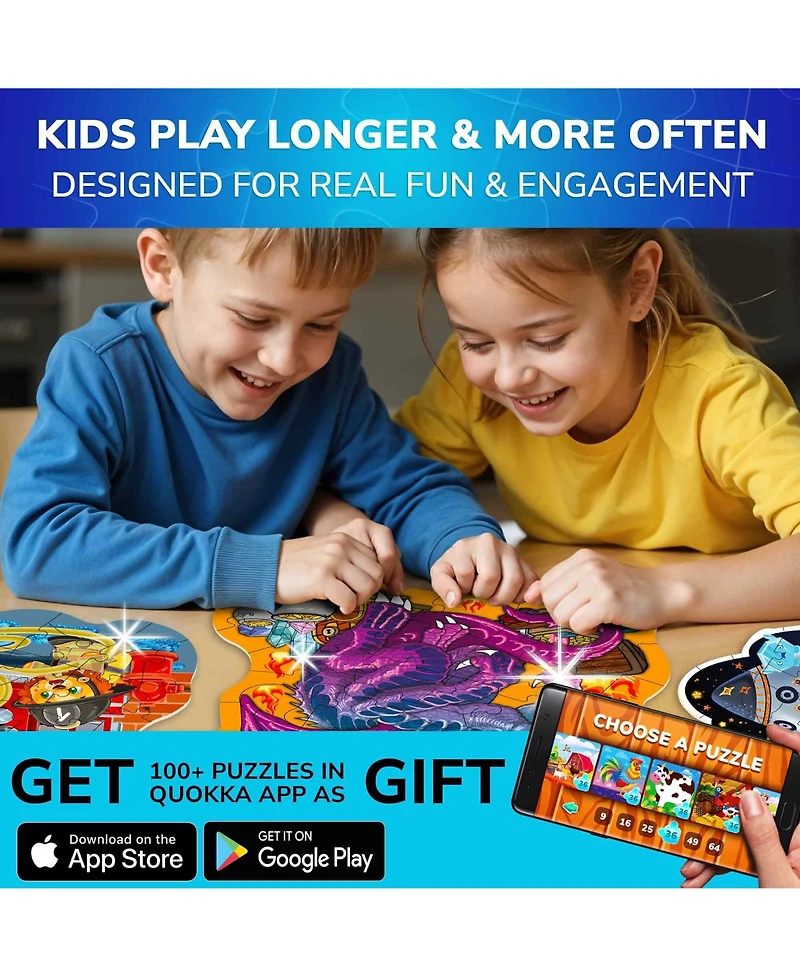 Quokka Shimmer Puzzles for Kids – 4-Pack Dragon, Rocket, Firetruck & Dinosaur Children's Game