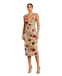 Mac Duggal Women's Floral Beaded Mesh Scoop Neck Fitted Midi Dress