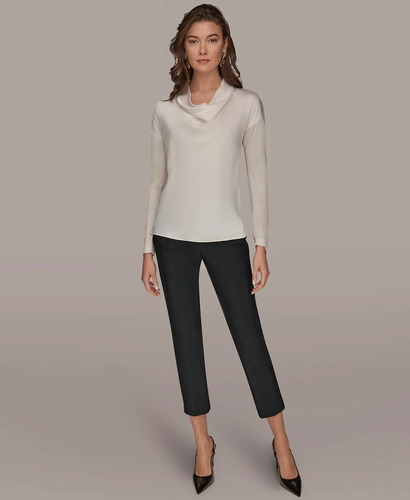 Donna Karan New York Women's Long-Sleeve Mix Media Cowl Front Top