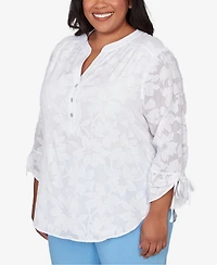 Alfred Dunner Plus St. Augustine Floral Jacquard Tie Sleeve Henley Top