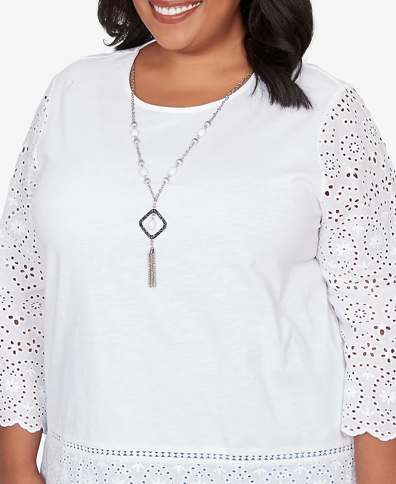 Alfred Dunner Plus St. Augustine Solid Eyelet Trim Top with Necklace