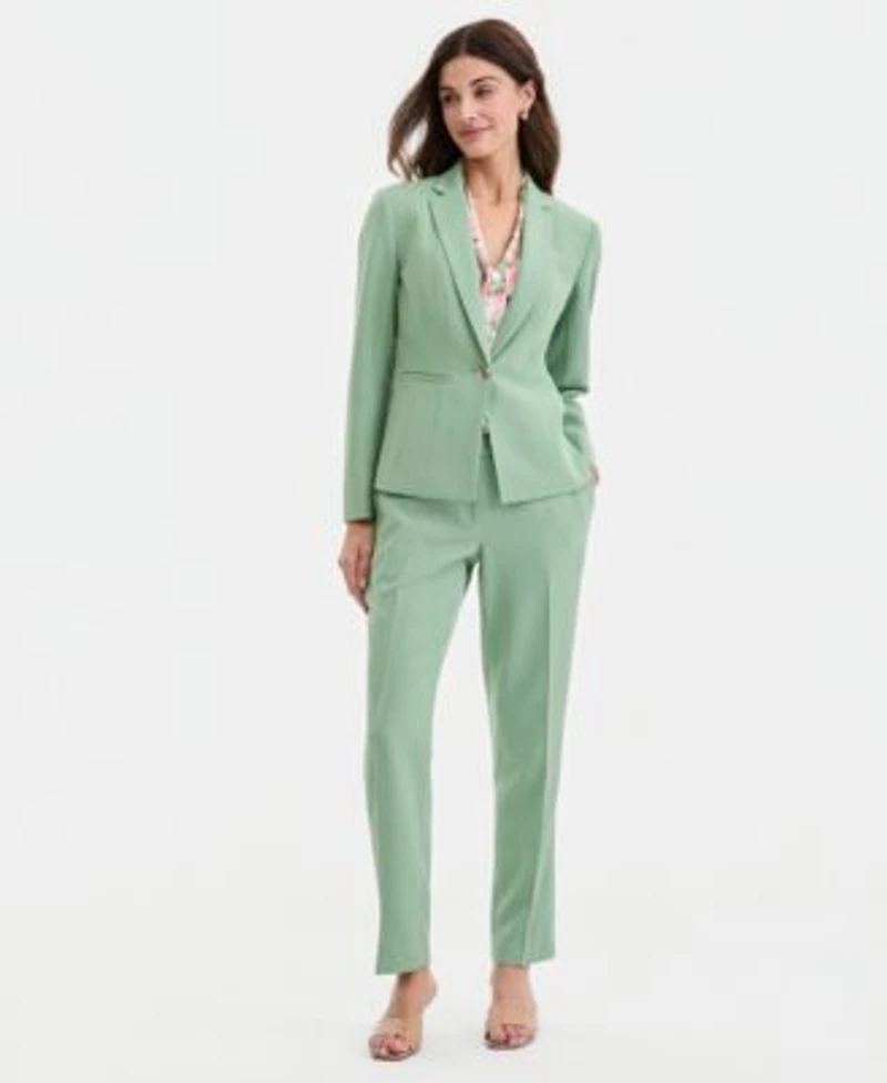 Kasper Womens Stretch Crepe One Button Panel Seamed Jacket Floral Sleeveless Tie Front Blouse Stretch Crepe High Rise Slim Pants