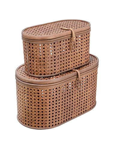 Storied Home Modern Decorative Oval Woven Rattan Storage Boxes, Set of 2 Sizes, Dark Brown Finish