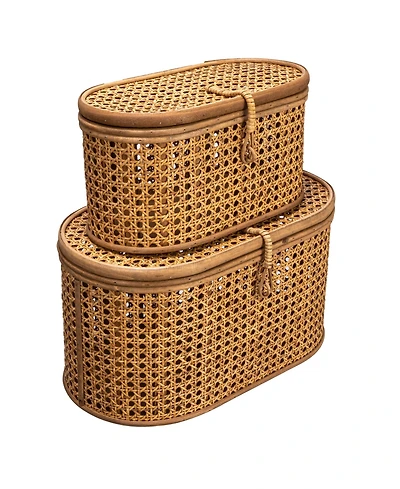 Storied Home Modern Decorative Oval Woven Rattan Storage Boxes, Set of 2 Sizes, Dark Brown Finish