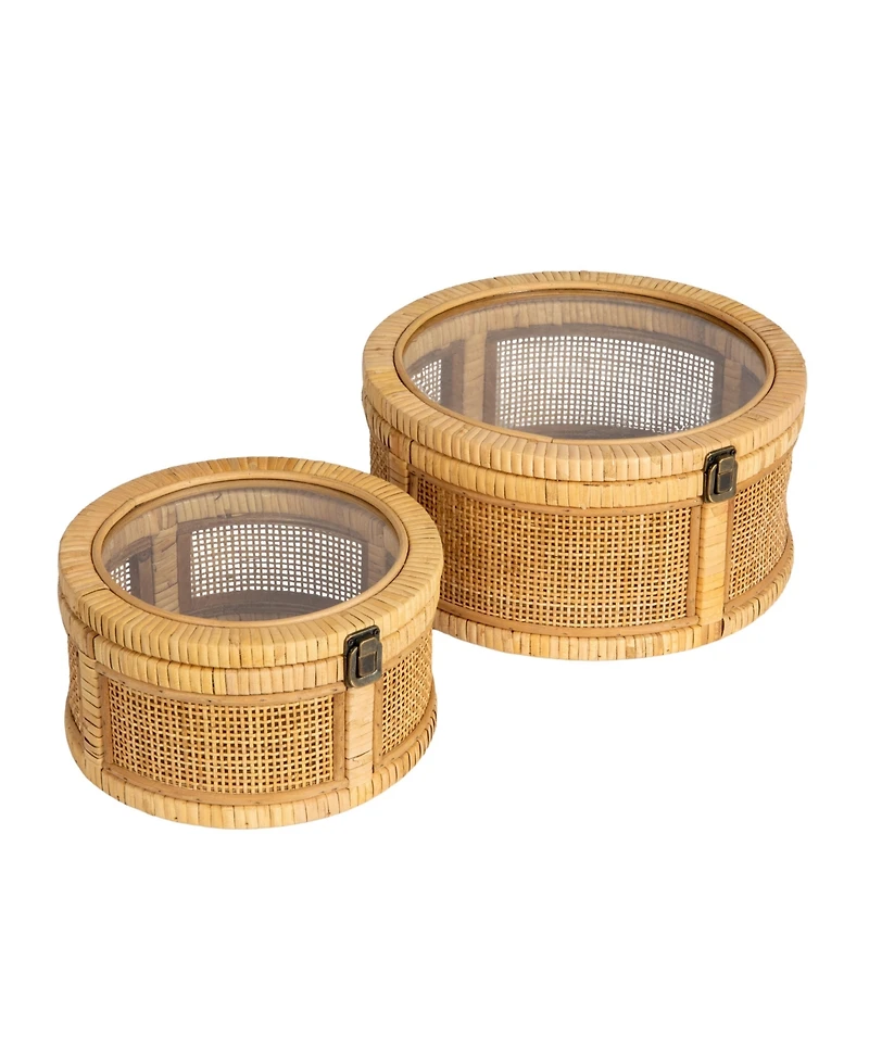 Storied Home Rattan and Bamboo Nestable Round Storage with Glass Lids, Natural, Set of 2