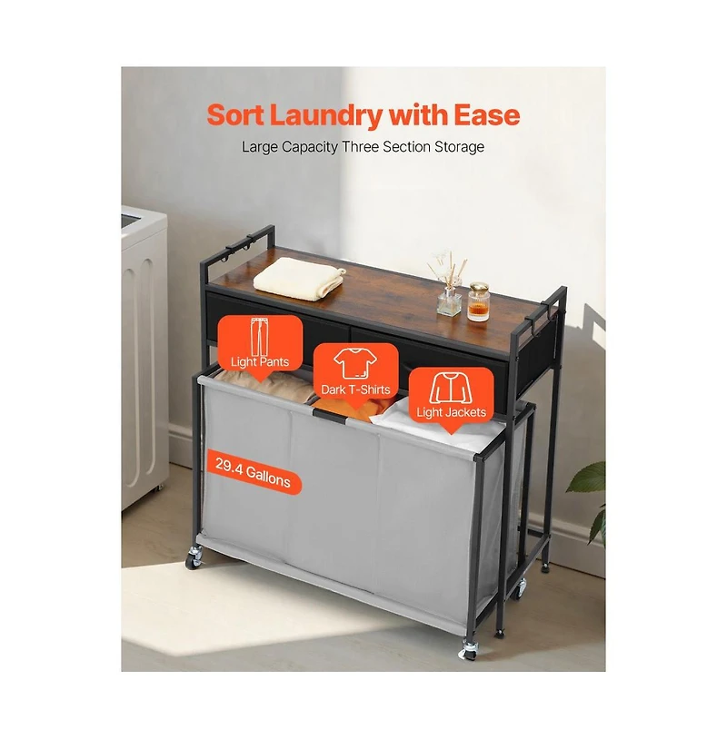 Slickblue 4-Bag Laundry Cart with Metal Frame and Wood Top Design