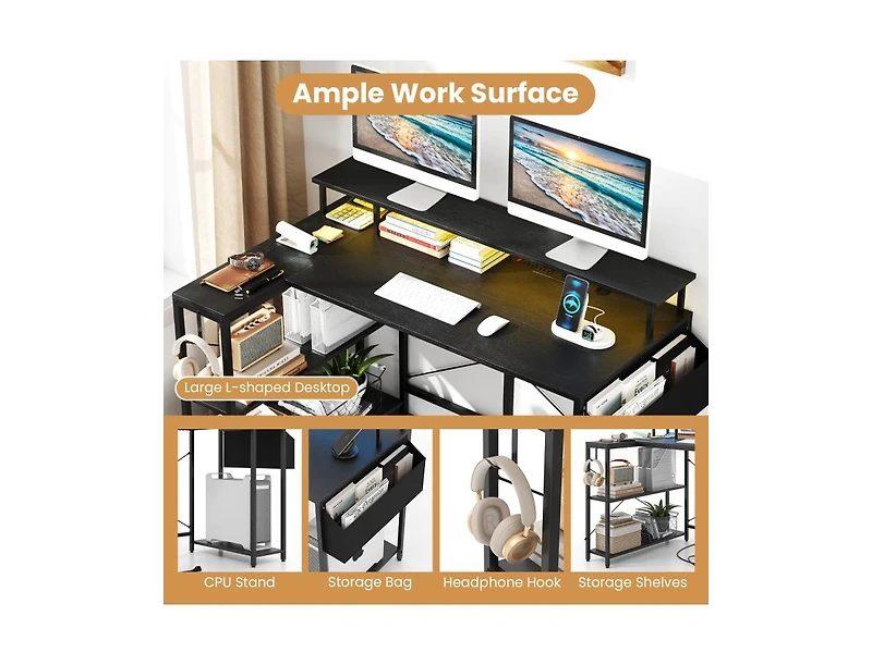 Slickblue L-Shaped with Led Lighting and Headphone Hook Gaming Desk