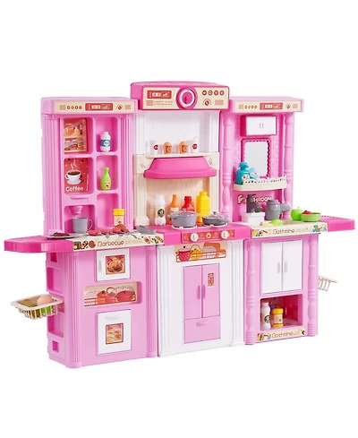 Mecale Kids Kitchen Playset, 3-in-1 Kitchen with Spray, Lights & Sounds, 74 Pcs Cooking Accessories, Pretend Play Set for Kids