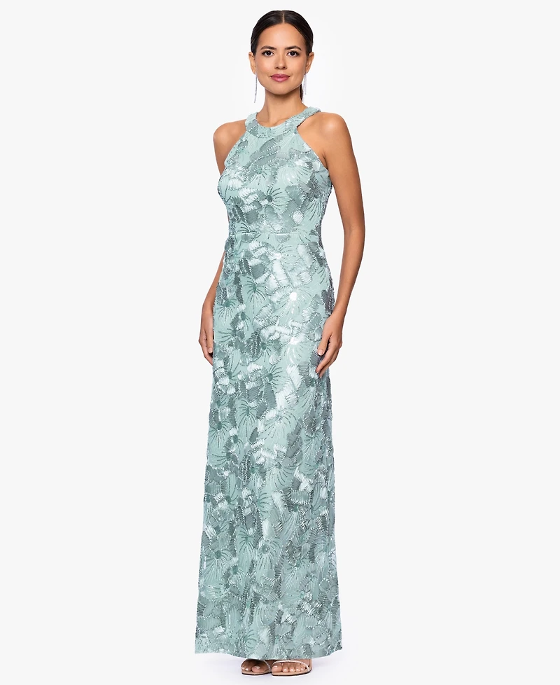 Betsy & Adam Petite Sleeveless Floral Sequin Sheath Gown