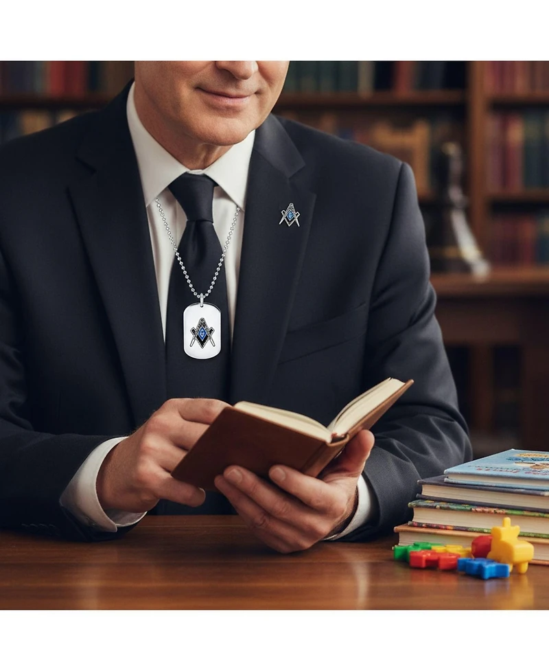 Bling Jewelry Set of 2 Black Blue Freemason Compass Masonic Dog Tag Pendant Necklace Stainless Steel With Bead Chain