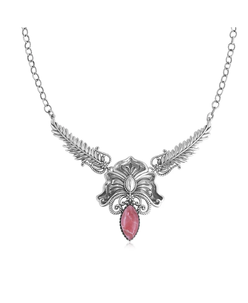 American West Jewelry Sterling Silver Rhodochrosite Cactus Flower Marquise Feather Necklace, 20 Inches
