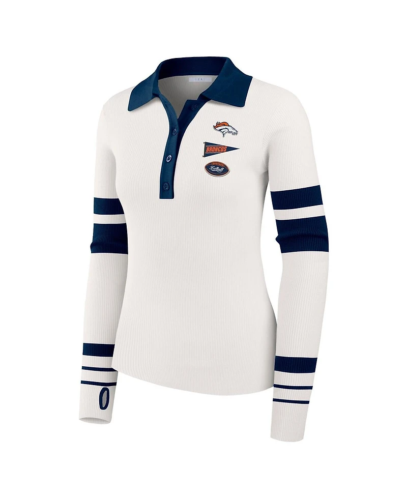 Wear by Erin Andrews Women's White Denver Broncos Ribbed Henley Polo Sweater