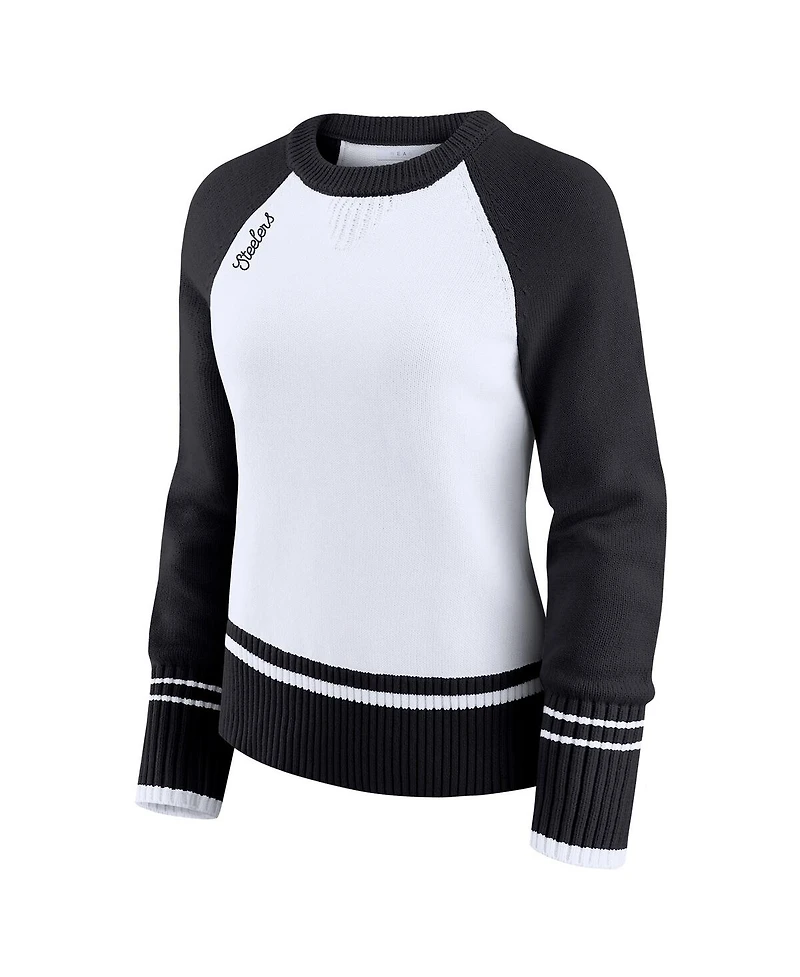 Women's White/Black Pittsburgh Steelers Color Block Raglan Sweater