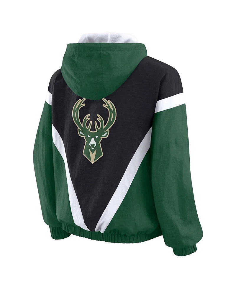 Wear by Erin Andrews Women's Black/Hunter Green Milwaukee Bucks Colorblock Full-Zip Hoodie Windbreaker Jacket