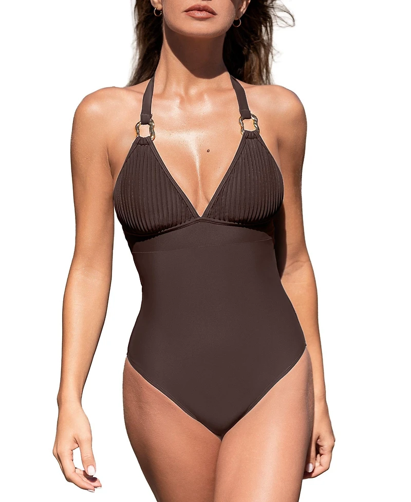 Cupshe Women's Halter V Neck One Piece Swimsuit with Ring Detail
