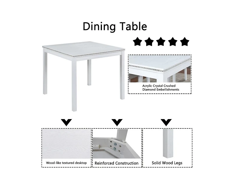 sumyeg 5-Piece Counter Height Dining Set with Crystal Accent Square Wood Table and 4 Upholstered Chairs